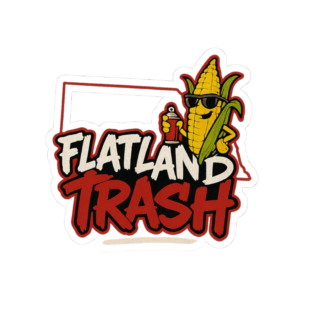 Sticker with 'Flatland Trash' text and a corn character holding a spray can on a white background